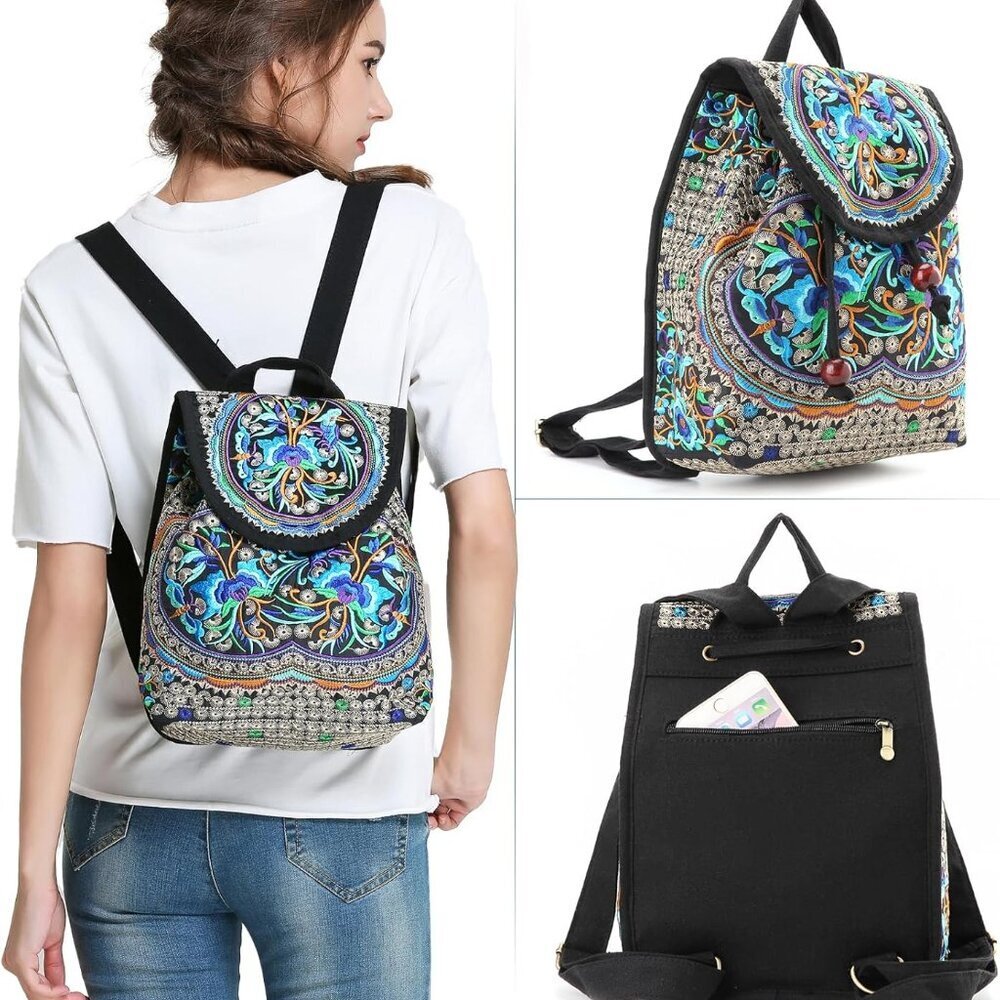 Vintage Embroidered Women Backpack Ethnic Travel Handbag Shoulder Bag, 12x10x5 i - Picture 4 of 7